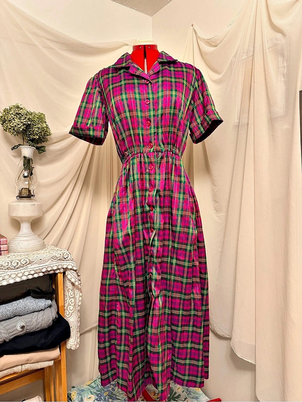 VTG 80s Handmade Plaid Maxi Shirtdress Magenta Green Dopamine Dressing